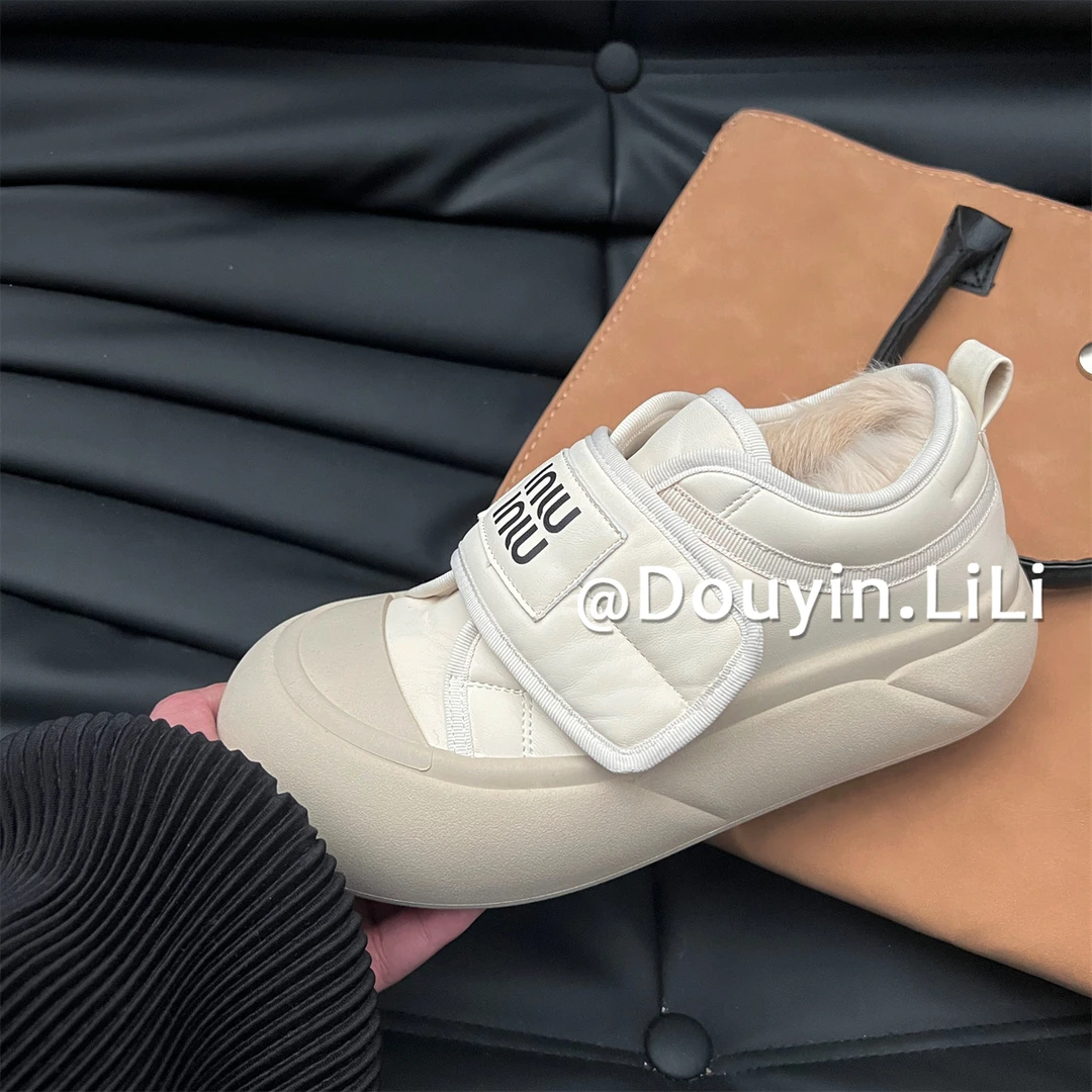 【李李家】2023新款韩版魔术贴二棉兔毛冬小白鞋加绒圆头增高女鞋