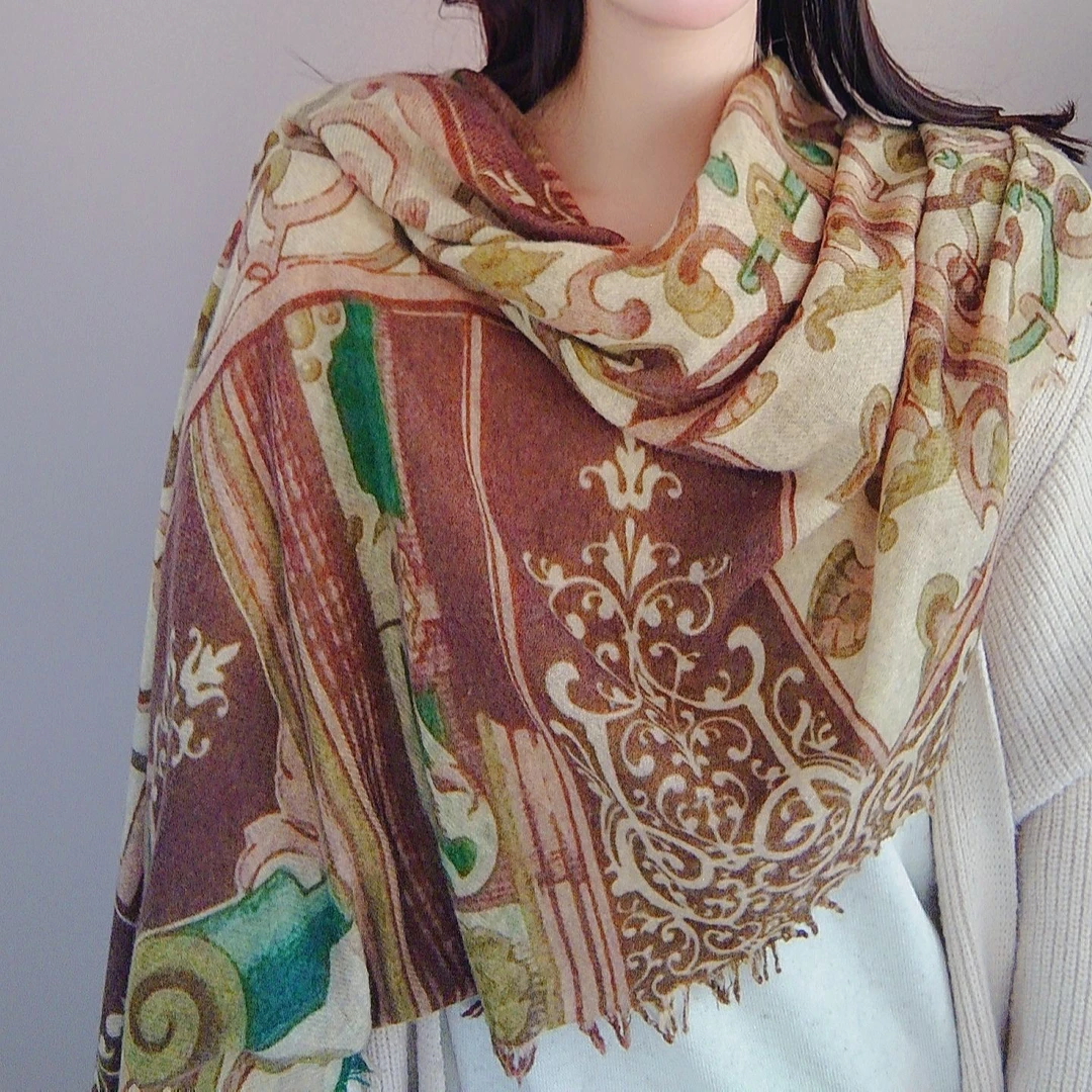 青城倾国【格物】秋冬新款保暖复古风水煮羊毛印花围巾♥可定制时尚