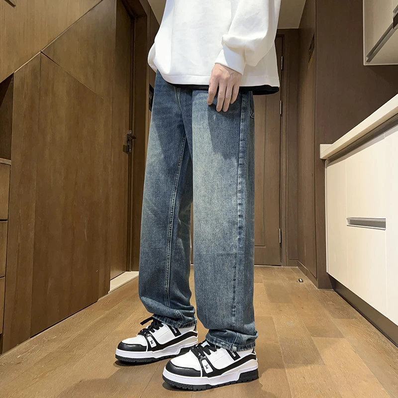 水洗牛仔裤男款秋冬垂感宽松直筒裤美式潮牌休闲长裤复古蓝阔腿裤