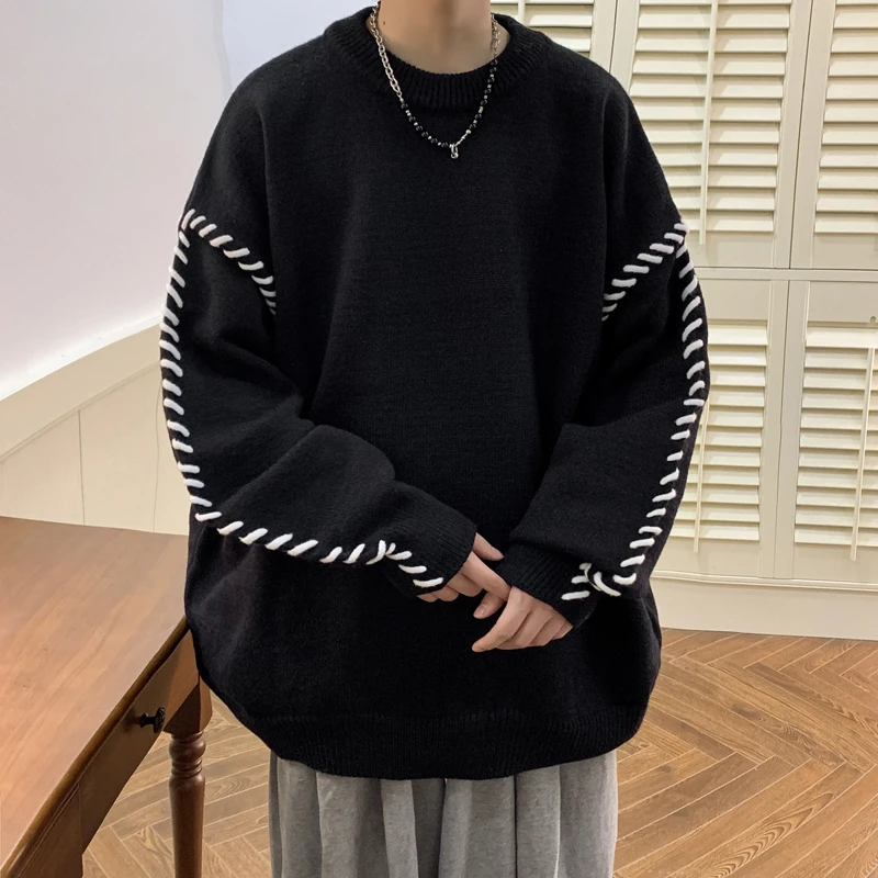 黑色针织衫外套男秋冬季不规则穿绳设计感毛衣圆领日系复古慵懒风