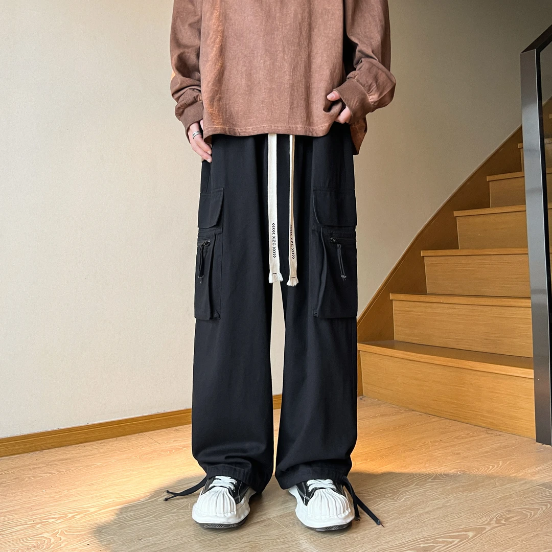 2023秋宽松工装裤男潮牌美式高街拉链设计直筒裤抽绳大码百搭长裤