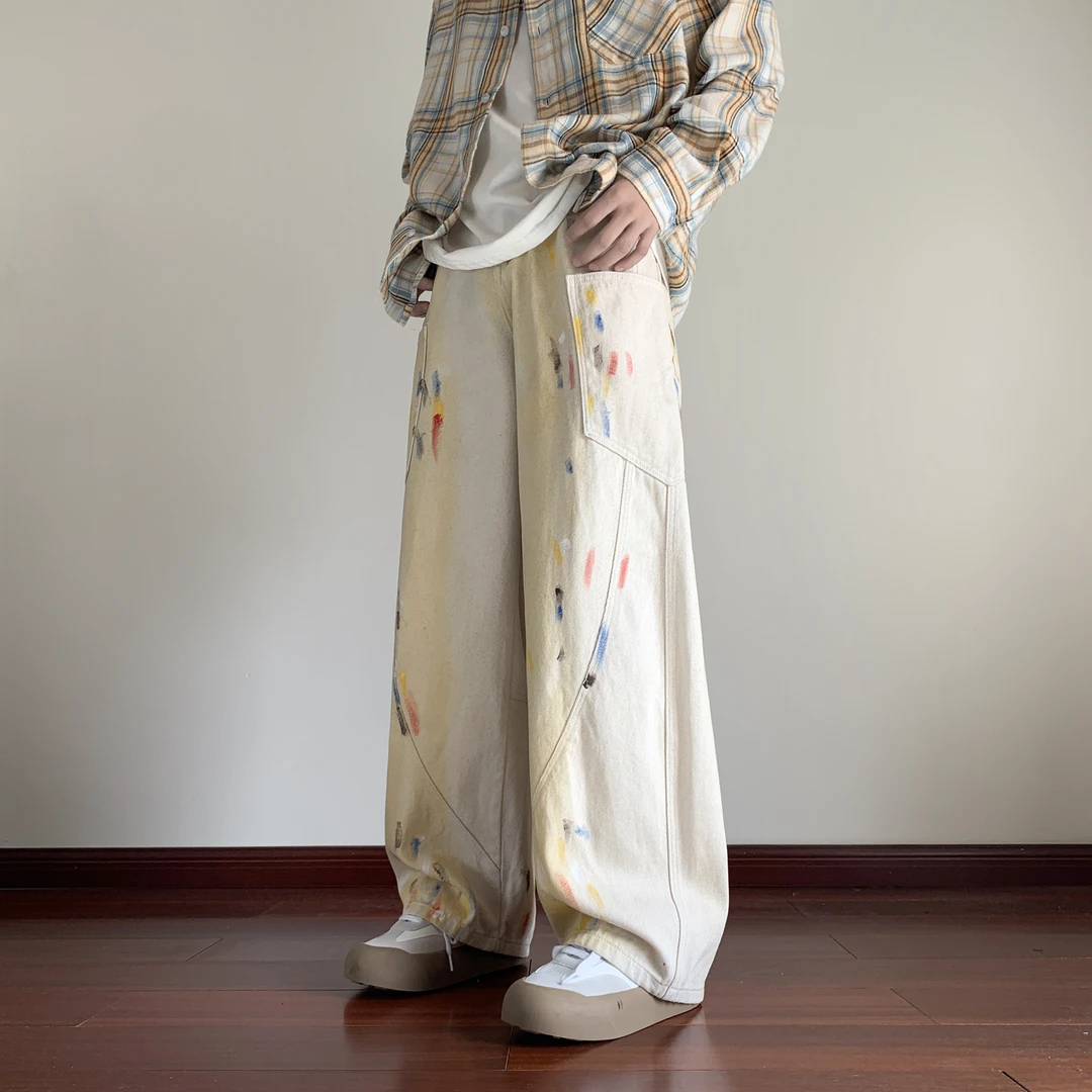 泼墨涂鸦牛仔裤男士秋季新款宽松直筒裤阔腿弯刀裤潮牌休闲长裤子