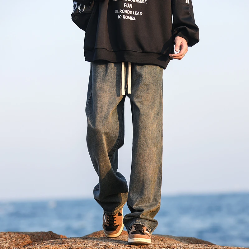 复古牛仔裤男款秋冬季直筒宽松阔腿裤美式高街潮流潮牌休闲长裤子