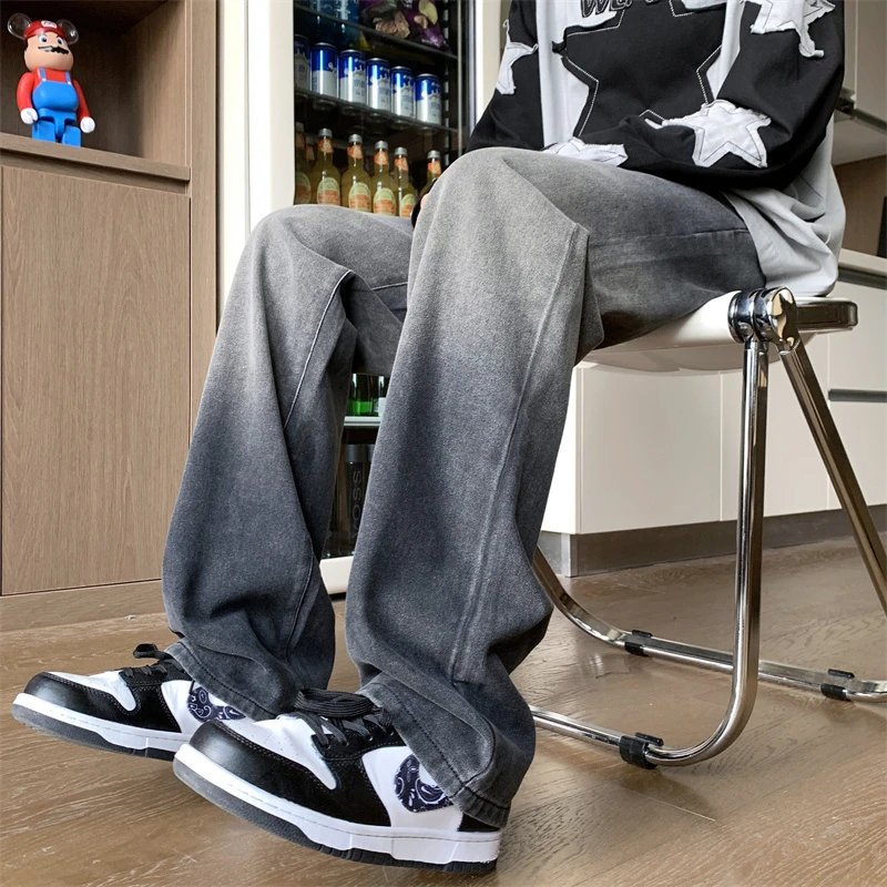 渐变牛仔裤男春秋美式高街潮牌休闲长裤子水洗做旧阔腿宽松直筒裤