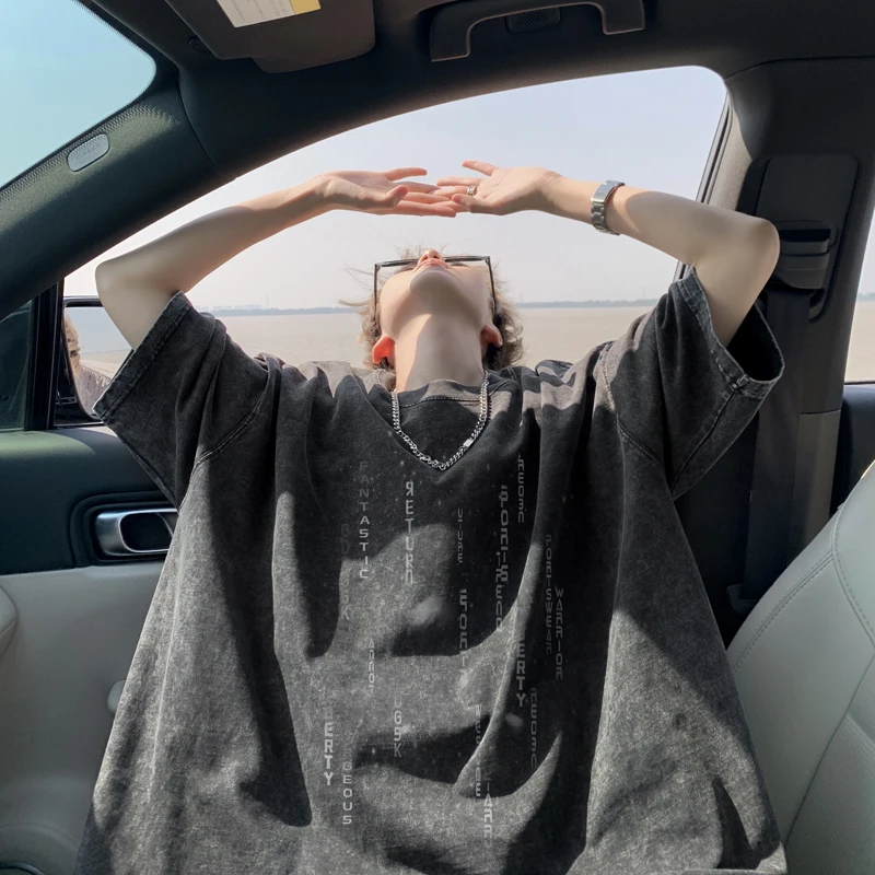 夏季美式重磅水洗做旧短袖T恤男宽松半袖美式体恤情侣打底衫潮牌