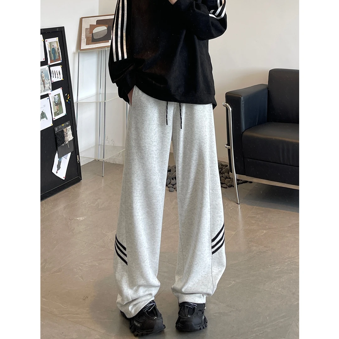 秋季巴黎神裤男款潮牌三条杠灰色直筒卫裤脚口抽绳情侣宽松休闲裤