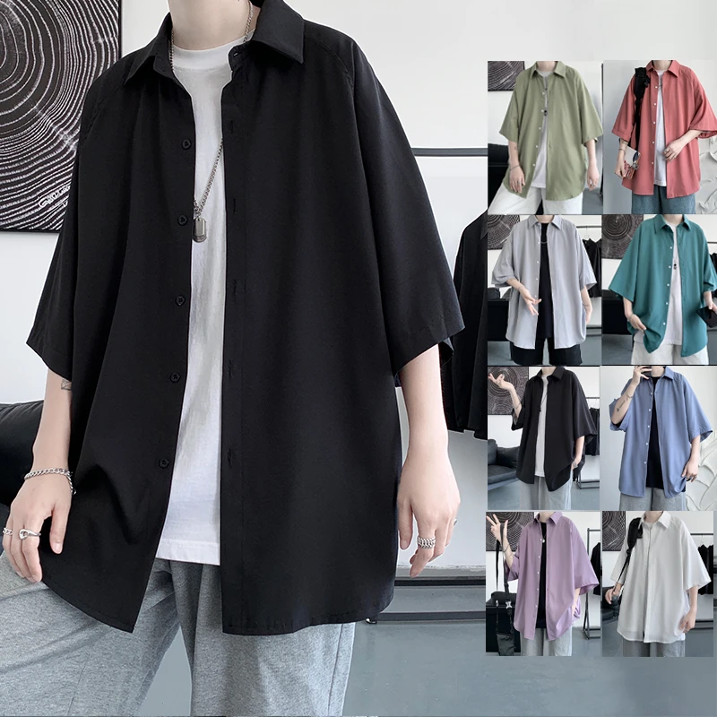 短袖衬衫男夏季ins港风痞帅纯色衬衣宽松潮牌潮流设计感小众外套