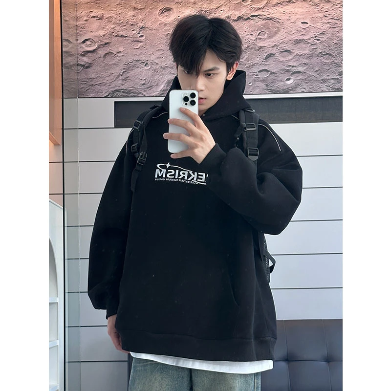 美式字母刺绣连帽卫衣男秋季新款拉链设计青少年宽松休闲百搭外套