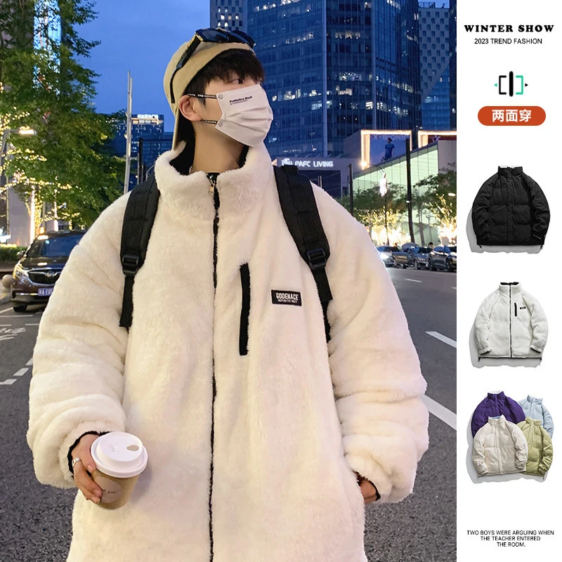 美式复古两面穿羊羔毛外套男士冬季加厚灯芯绒棉衣服2023新款袄子