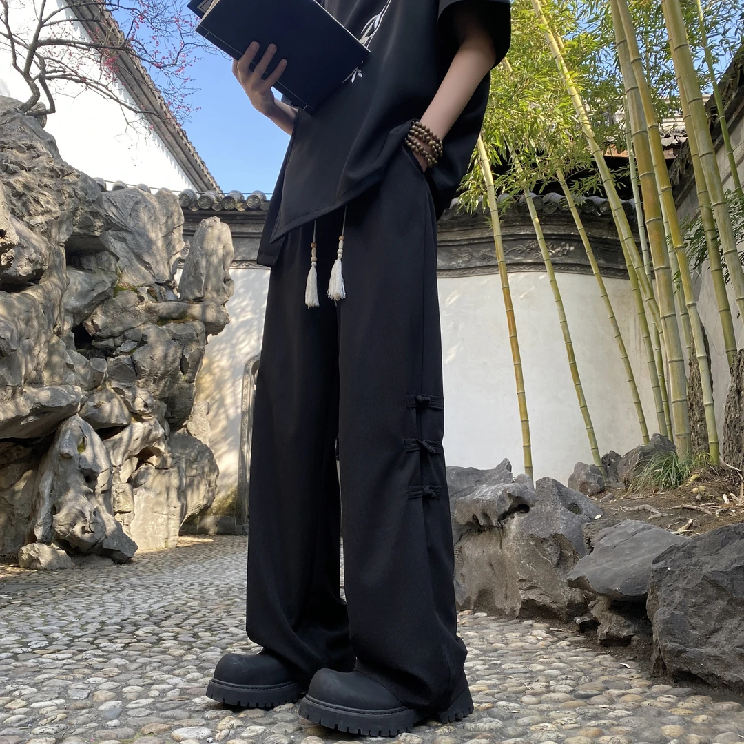 新中式休闲裤男春秋季新款中国风盘扣阔腿宽松直筒裤垂感冰丝西裤