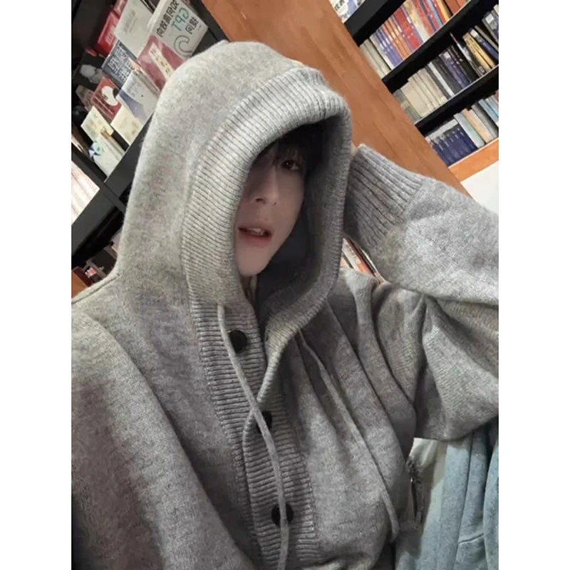 美式连帽毛衣男士秋冬宽松慵懒风高级感青少年帅气休闲针织衫外套