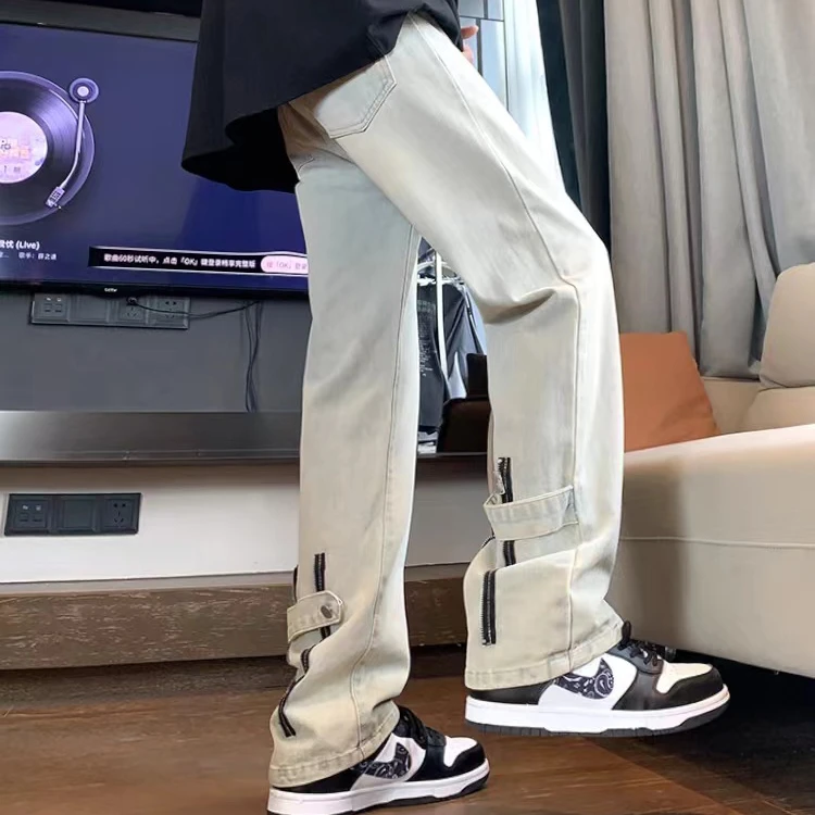 牛仔裤男款秋季2024新款美式拉链设计潮牌潮流青少年阔腿直筒裤子