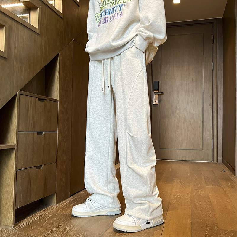 秋季重磅卫裤男潮牌美式直筒弯刀裤阔腿脚口抽绳宽松休闲运动裤子