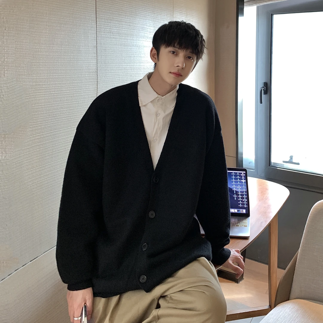 慵懒风毛衣男秋冬穿搭宽松休闲外穿针织开衫美式复古衬衫套装外套