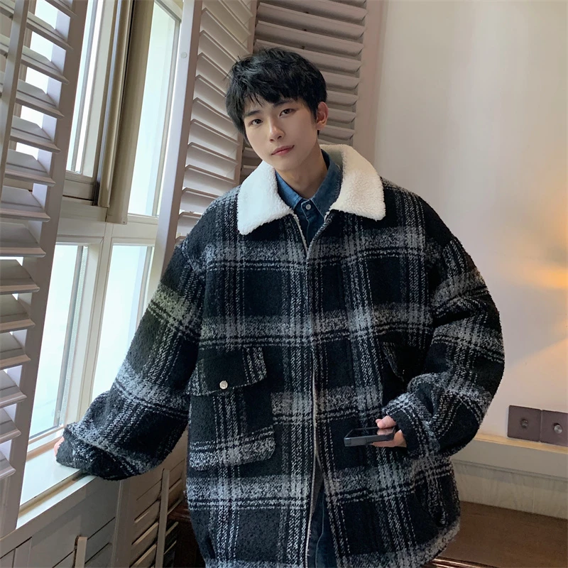 毛呢格子大衣男冬季新款羊羔毛内胆棉服外套加厚保暖宽松休闲棉衣