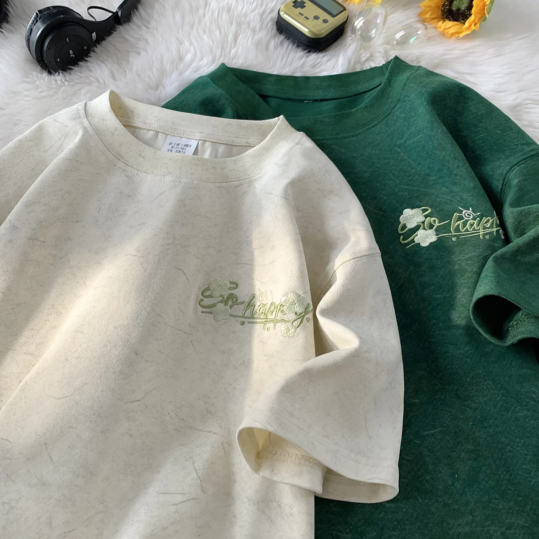 美式刺绣冰丝短袖T恤男夏季潮牌砂洗凉感五分袖宽松休闲百搭上衣