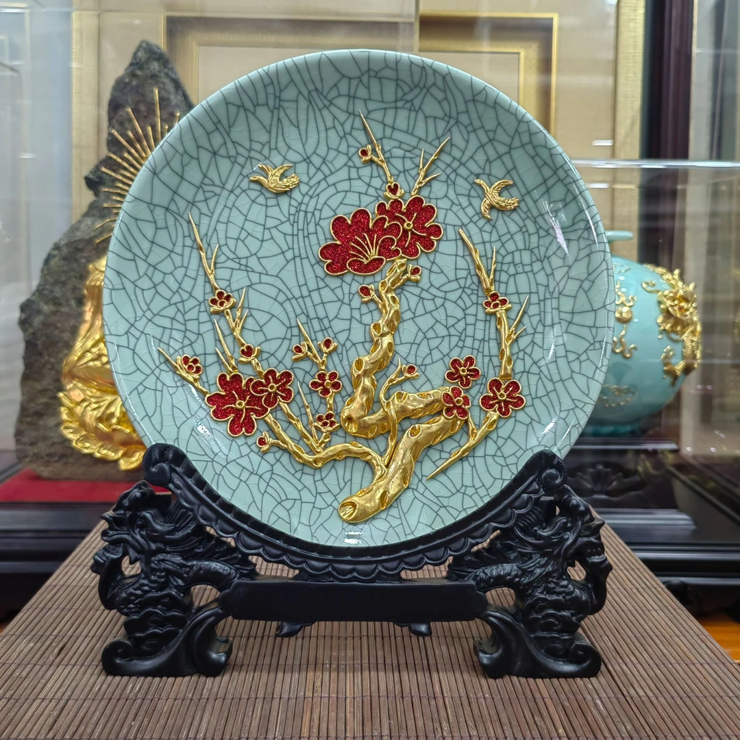 纯手工制作漆线雕新中式喜上眉梢摆盘客厅书房办公桌面摆件直销