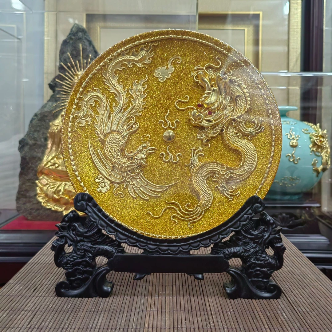 中式传统托盘龙凤呈祥漆线雕纯手工贴金箔结婚乔迁摆件