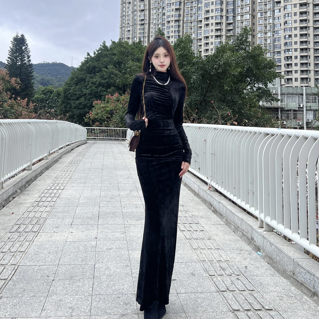 TITI 法式复古半高领设计感长袖鱼尾裙高级感气质晚礼服裙两件套