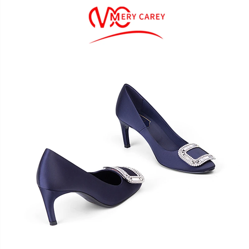 rv方扣单鞋不累脚2025夏季缎面水钻气质高跟鞋配裙子细跟圆头女鞋