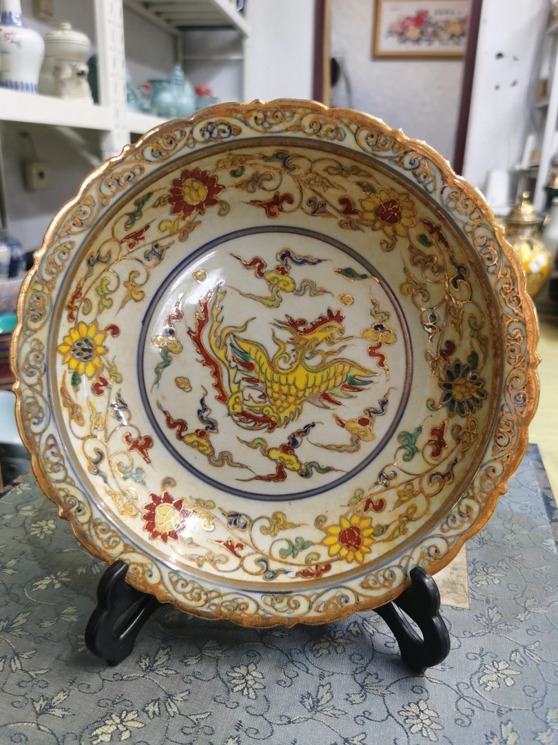 手工手绘描金凤纹盘