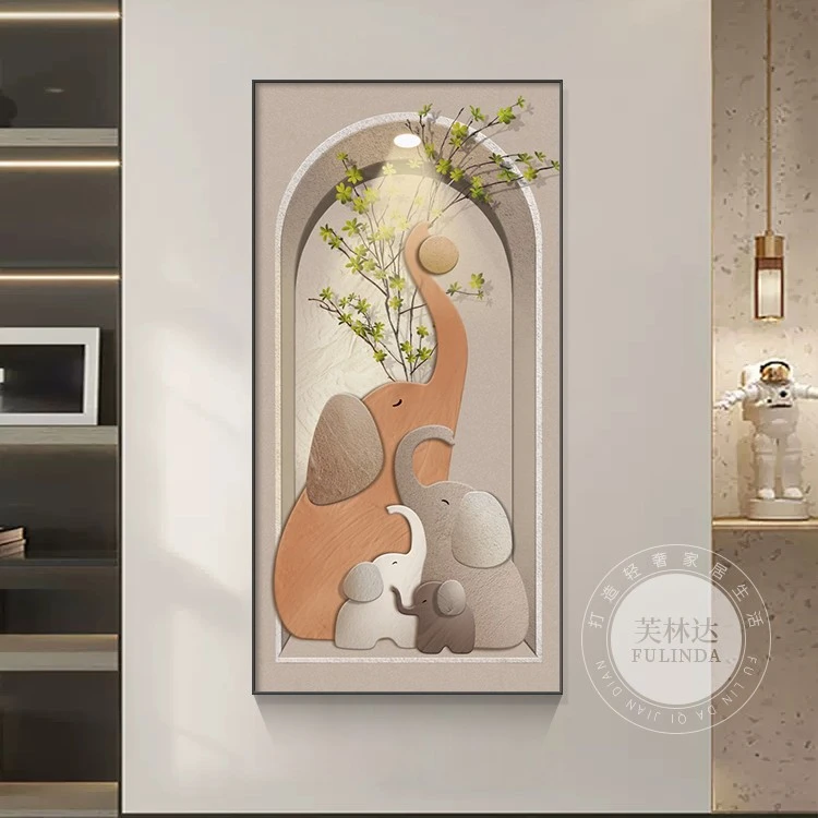 大象竖版入户门玄关装饰画侘寂风正对门走廊过道挂画现代简约壁画