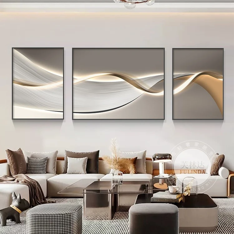 现代简约客厅装饰画轻奢抽象高档大气沙发背景墙设计三联晶瓷壁画