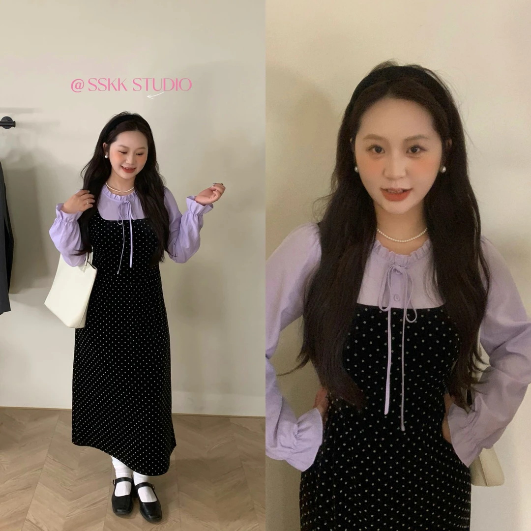 KMZY/KMZY山_山【泡芙姐姐】微胖mm韩丝绒拼接波点假两件冬季连衣裙