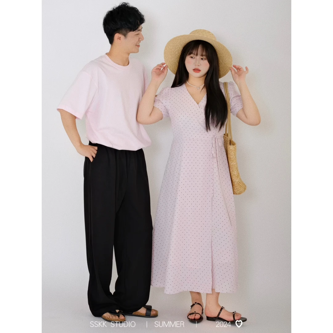 KMZY/KMZY山_山【韩系女主】微胖mm韩系波点V领一片式设计连衣裙女