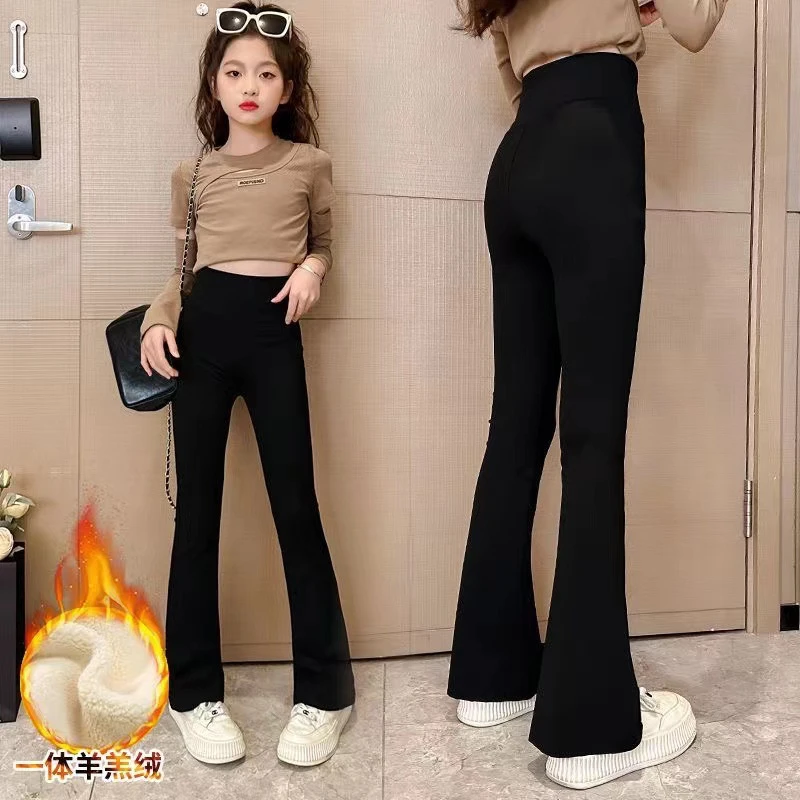 新款女童微喇叭裤秋冬加绒儿童阔腿休闲阔腿裤子女孩大童长裤外穿