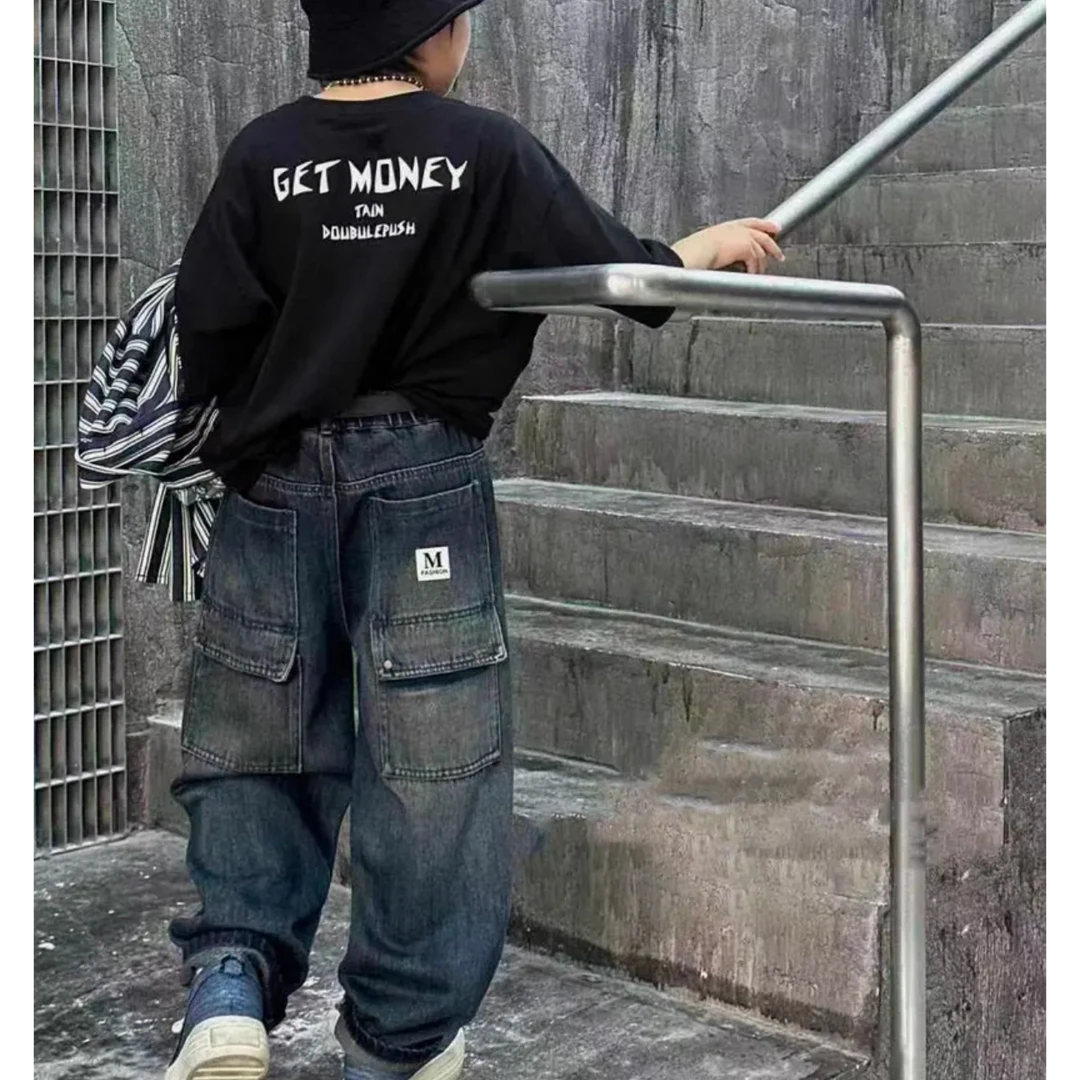 儿童复古美式工装设计新款百搭潮酷男童春秋季牛仔裤（M口袋款）
