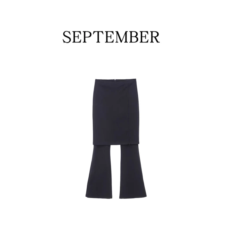 2023秋冬SEP.设计感假两件侧开叉高腰裙裤一体喇叭长裤 3116销3