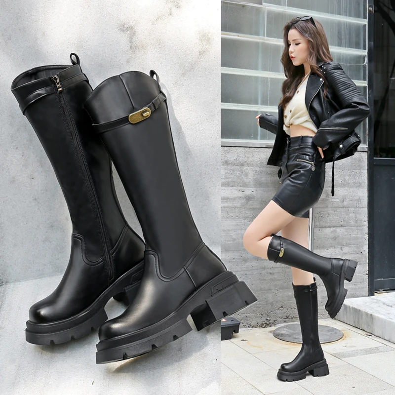 欧若风2025新款时尚百搭小个子厚底骑士冬加绒长筒女靴LD2068