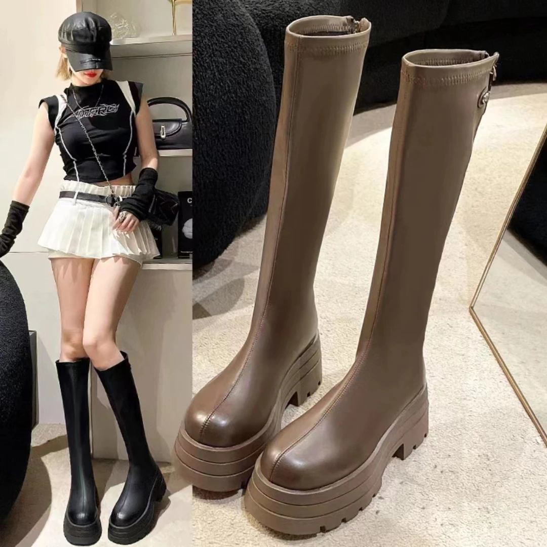 高筒靴女2023秋季新款厚底增高小个子弹力靴兽兽靴拉链靴WF803