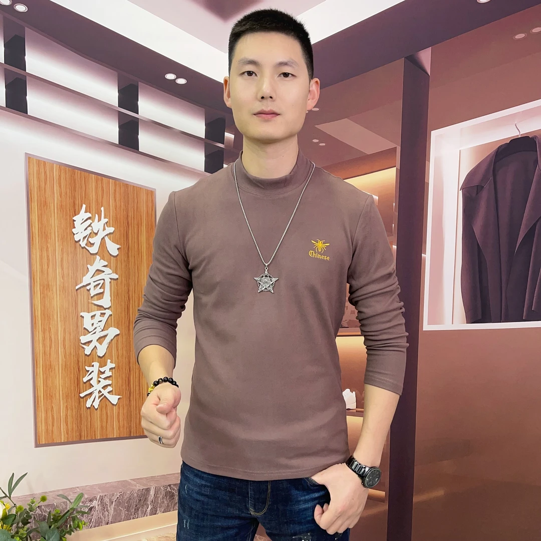 冬季高档男士一体绒保暖打底衫刺绣爆款半高领中领修身长袖上衣