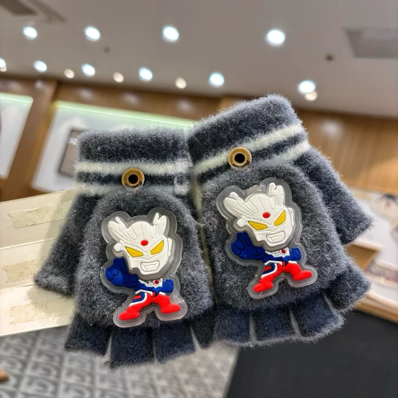 儿童保暖手套冬季男童女童卡通奥特曼发光五指半指翻盖宝宝写字款