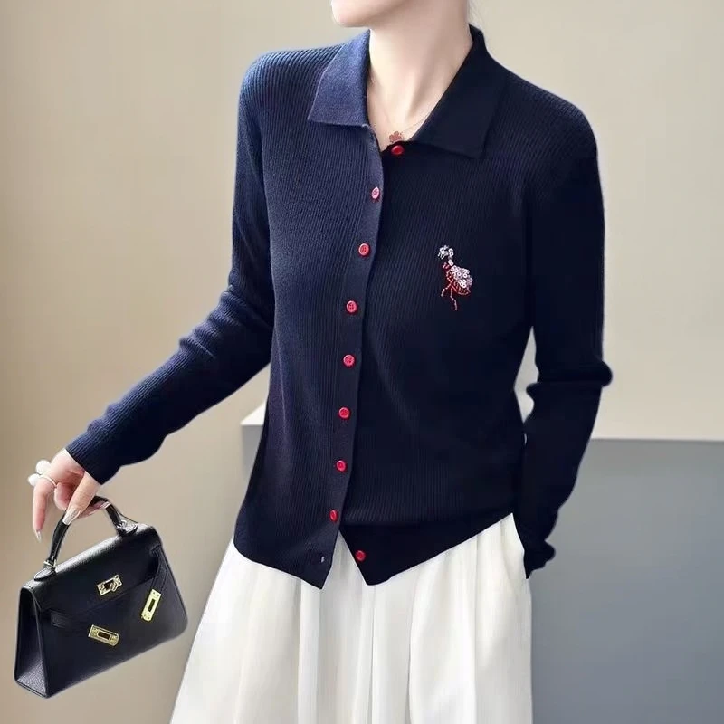 TUBREIT/图百年polo领薄款针织开衫女火烈鸟亮片刺绣羊毛针织衫