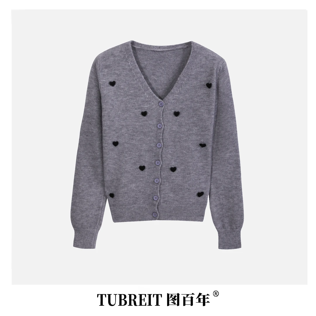 TUBREIT/图百年心形时尚羊毛长袖针织衫新款百搭毛衣开衫外套上衣