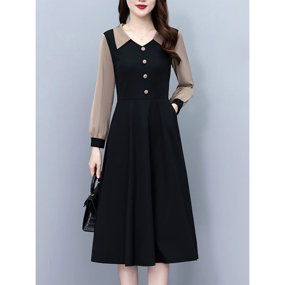 女2025秋季新款气质假两件长袖连衣裙女装收腰显瘦减龄中长款裙子