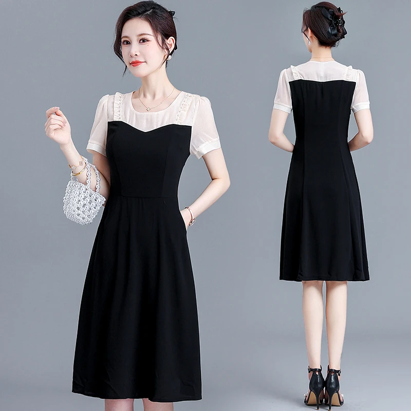 女装连衣裙气质洋气时尚小黑裙夏季黑色收腰小黑裙连衣裙遮肚拼接