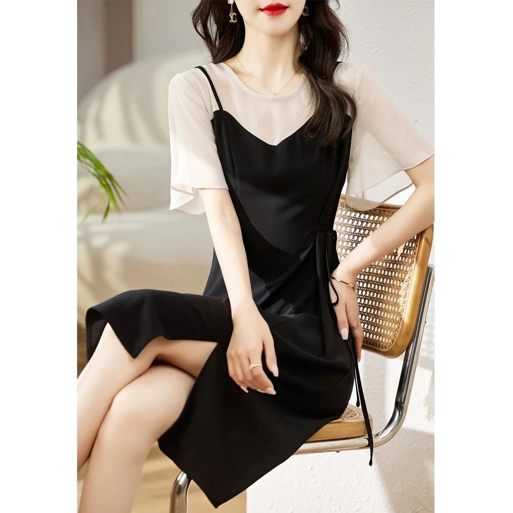 假两件拼接连衣裙女夏季2025新款小个子雪纺拼接气质中长裙子