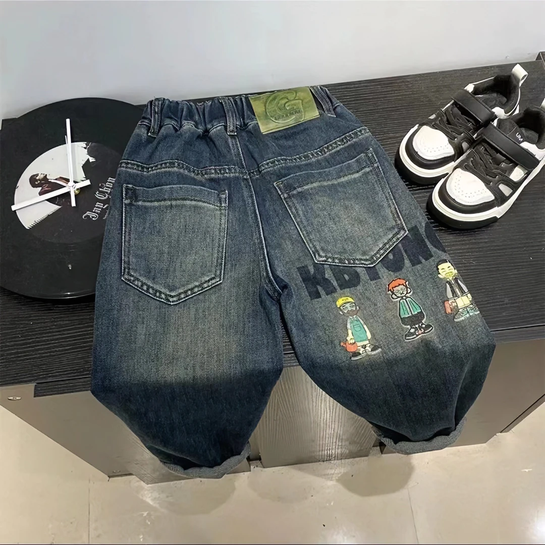 男童秋季牛仔裤小童新款儿童韩版印花春秋款中大童洋气宽松长裤潮