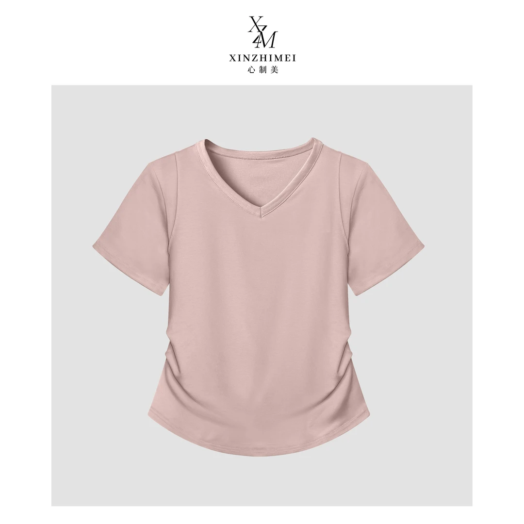 93%莱赛尔天丝210克V领小蛮腰时尚百搭显瘦休闲短袖T恤5036