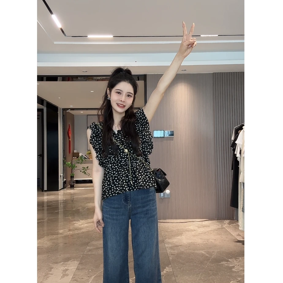 宿慕女士印花V领气质小衫夏季新款百搭上衣时尚显瘦衬衫3322