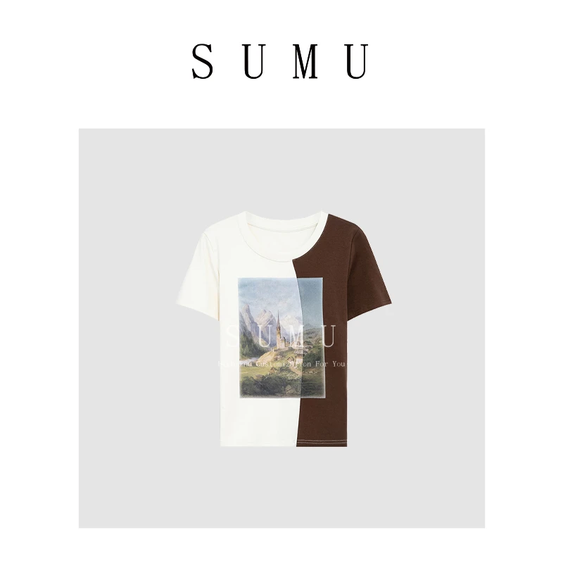 宿慕SUMU 女款拼色T恤6-10夏季新款时尚百搭印花风景短袖8135