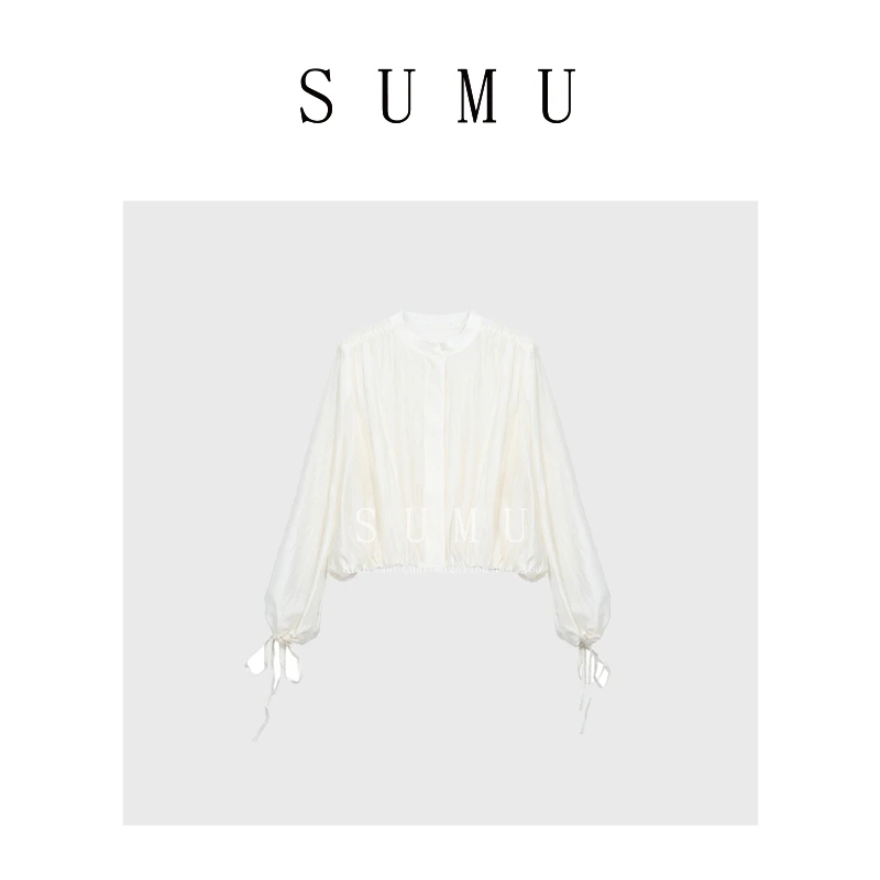 宿慕纯色设计感小衫百搭长袖衬衫女夏款气质遮肚子洋气上衣8033