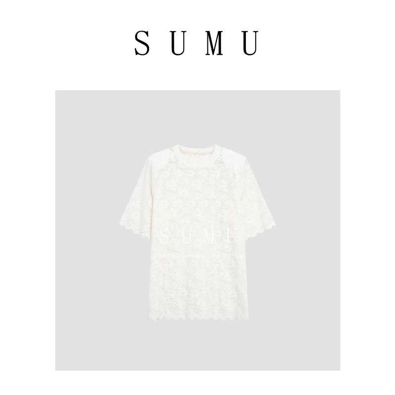 宿慕女装蕾丝花朵圆领短袖t恤女夏季新款高端洋气设计感24047