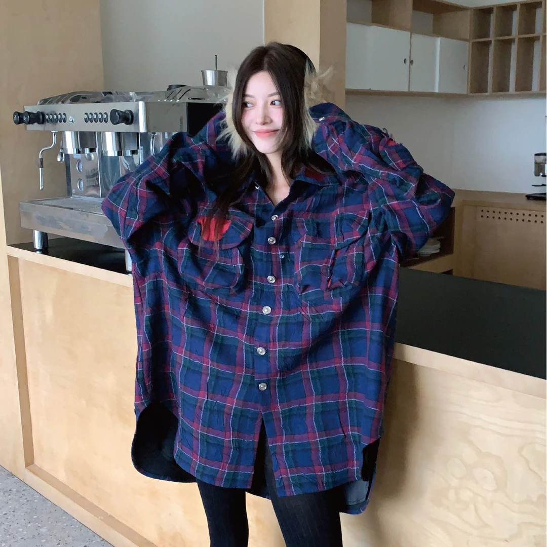 YANAG撞色破损设计格纹衬衫