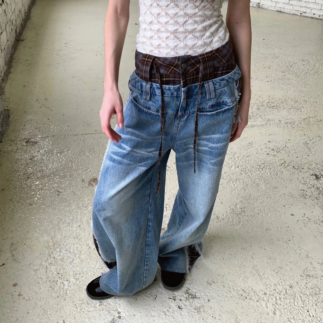 AndAnything双腰头格纹拼接洗水蓝牛仔毛边阔腿裤
