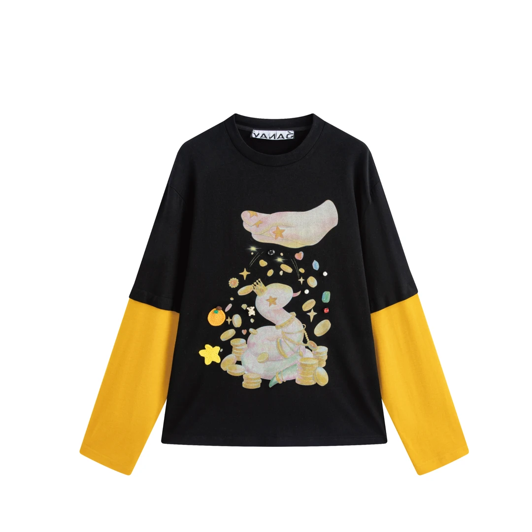 YANAG点蛇成金印花假两件长袖T恤